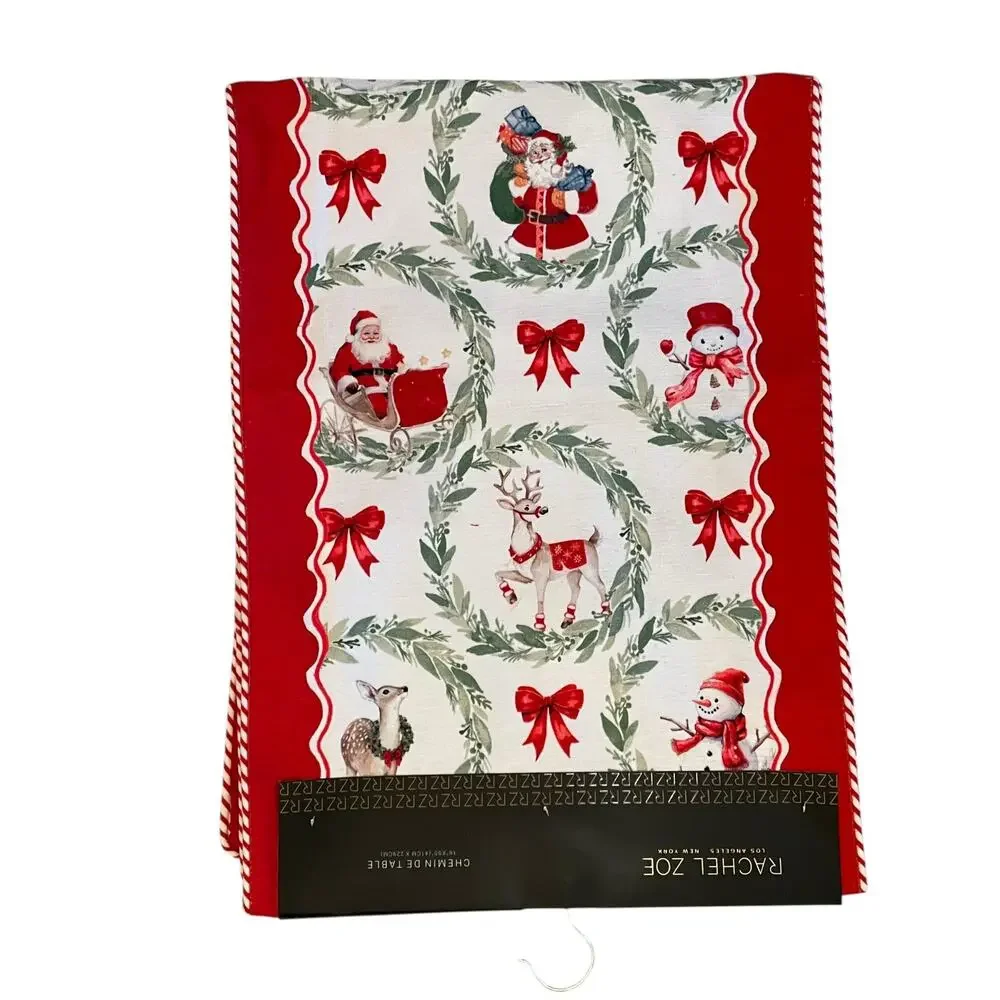 RACHEL ZOE Christmas Table Runner 16x90 Santa Bow Wreath Holiday Red White New